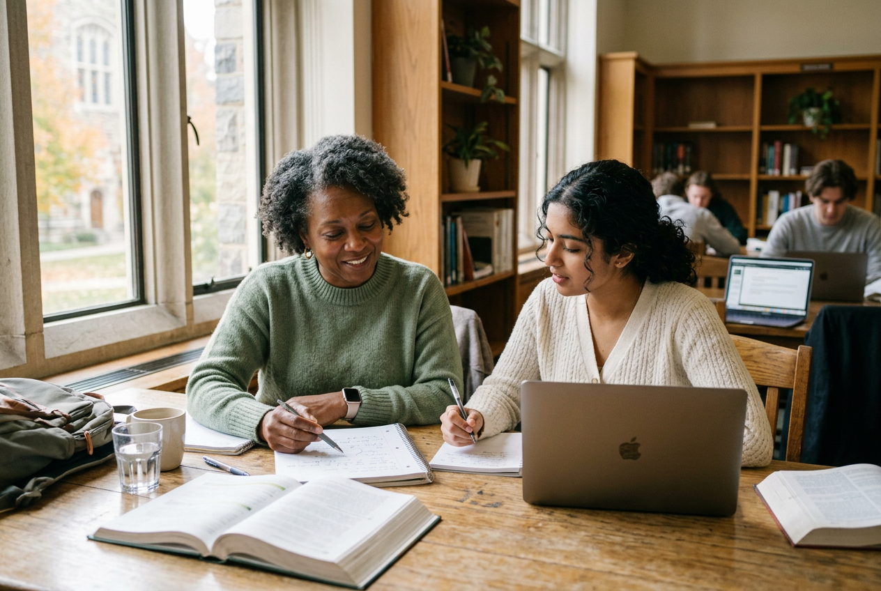 An educational advisor reviewing notes with a student at a sunlit table