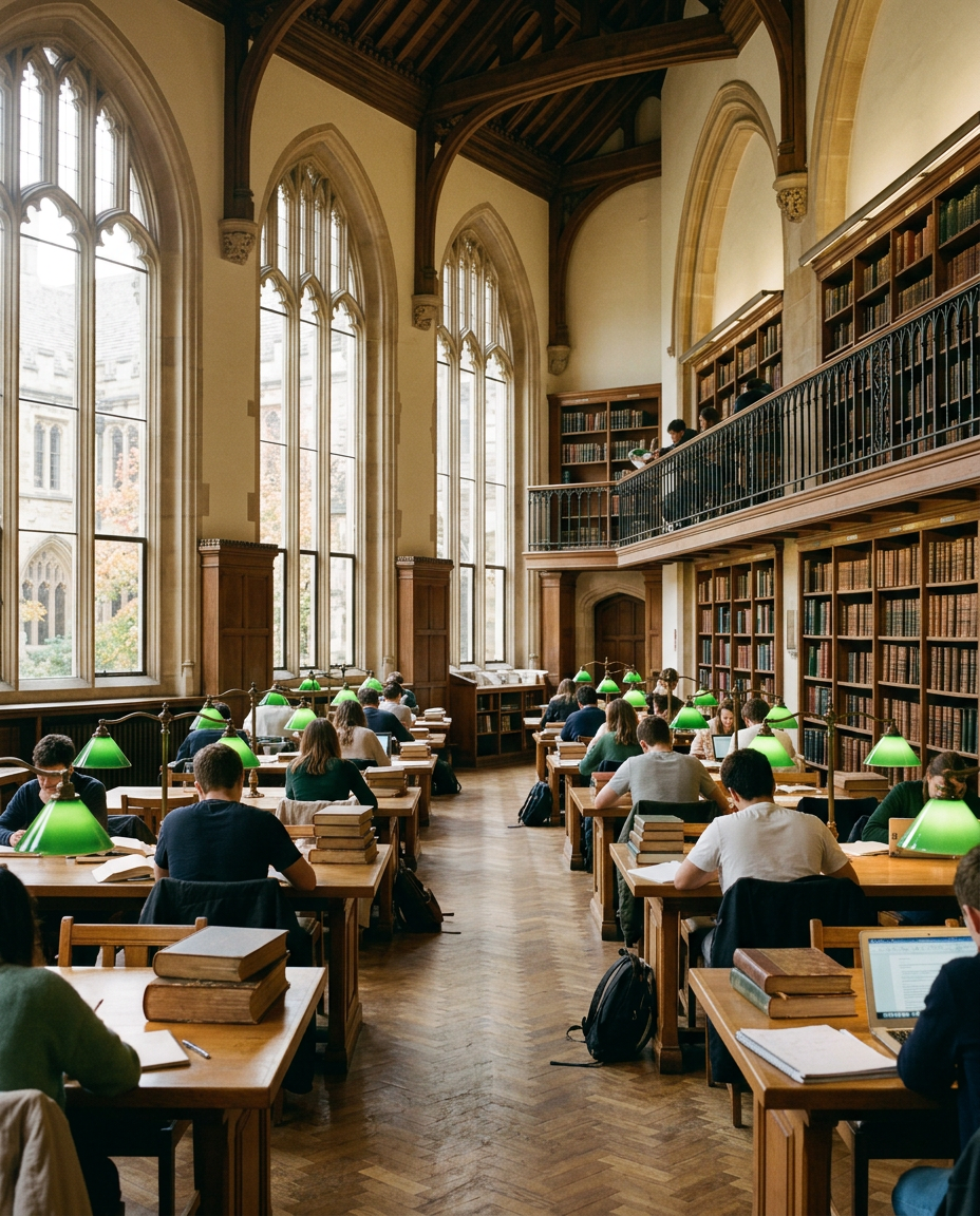 A grand university library reading room with green lamps and tall arched windows