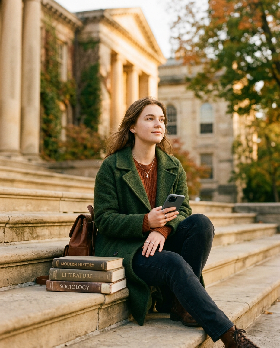 A student sitting on the steps of a campus building holding a phone